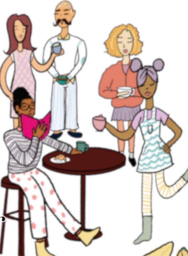 Characters standing around at a cafe.